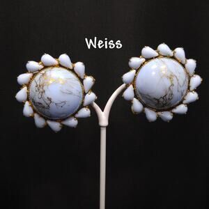 Weiss Light Blue & Gold Marbled Art Glass Earrings, Gold Plated, 1950s Vintage